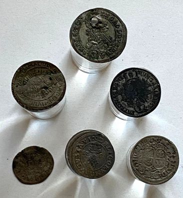 6 historische Münzen -u.a. 1765 3 Kreuzer M. Theresia , 1623 Ferdinandus