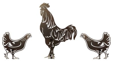Figur Hahn krähend (50 cm) und 2 Hühner (28 cm) SET blank Roststecker Edelrost
