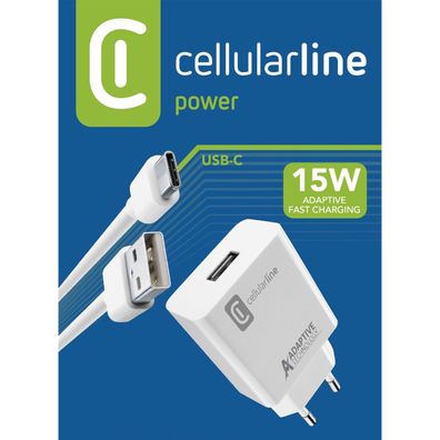 Cellularline 15W Typ-C USB-C Ladegerät Set Netzteil 1m Kabel Qualcomm 3.0 9V 3A