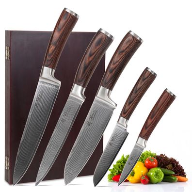Wakoli EDIB 5er Damast Messer Set Klingen 8 bis 20 cm Küchenmesser Pakkaholzgriffe