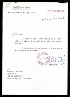 Abdou Diouf Präsident des Senegal 1981-2000 Original Signierter Brief # G 37471