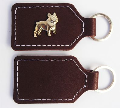 Französische Bulldogge - Schlüsselanhänger Metallaplikationen, LEDER - BRAUN