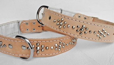LEDER Halsband - Hundehalsband, Halsumfang 51-65cm/40mm, NIETEN + NEU + Natur
