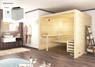 Komplett Sauna Massivholz mit Glasfront Butenas Espoo 220 x 220 x 204 cm