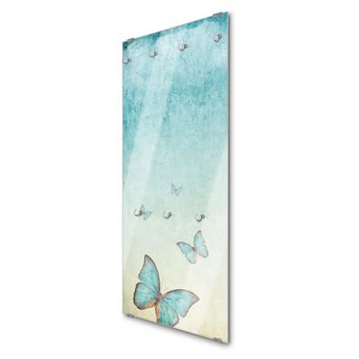 banjado® Garderobe groß Glas 7 Haken Motiv Blaue Schmetterlinge
