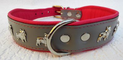 Französische Bulldogge" Hundehalsband - Halsumfang 42-50 cm, LEDER Grau - Pink