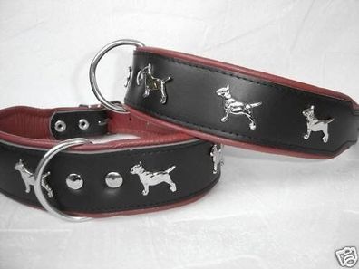 Bullterrier Hundehalsband - Halsumfang 43-50 cm, LEDER, Schwarz-ROT