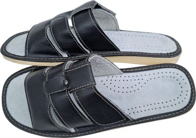 Hausschuhe - Latschen - Pantoffeln Gr.44 mit Kletterverschluss Leder, Schwarz 1a