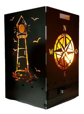 Feuerkorb Maritim mit Ascheschublade 40x40x60cm Leuchtturm Anker Windrose Grill