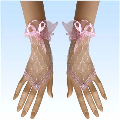 Netzhandschuhe mit Schleife Pink Fingerlos für Abendgarderobe Kostüme Netz Handschuhe