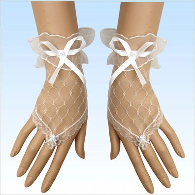 Netzhandschuhe mit Schleife Cremeweiß Fingerlos für Abendgarderobe Kostüme Handschuhe
