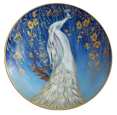 Heinrich Porzellan Wandteller, Pfau, Weiß, Blau, Handmalerei, Goldmalerei, gemarkt