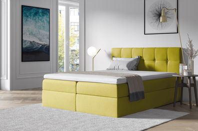 FURNIX Boxspringbett ERNIE Doppelbett mit tiefen Bettkasten & Topper SR40 gelb