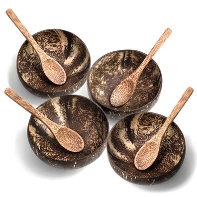 Coconut Bowl Schüssel mit Löffel 4er Set Vegan Buddha Bowl Kokosnuss Schale