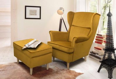 Ohrensessel mit Hocker Teramo bequemer Sessel Wohnung Relaxsessel Sofa gelb