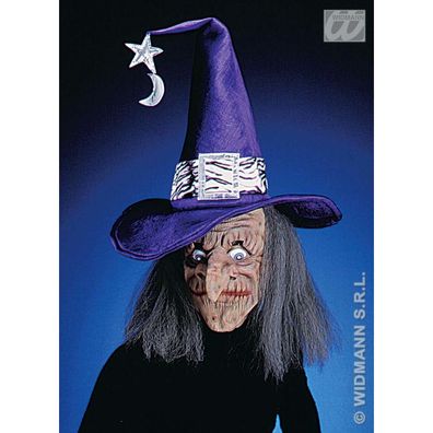 Hexe mit violettem Hut und Haarteil Latexmaske
