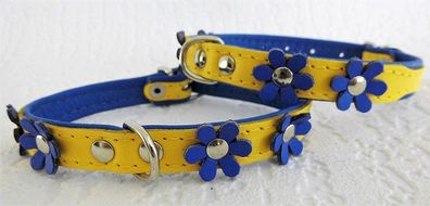 Hundeleine(130cm)+ Halsband (Halsumfang 21-27) mit Blumchen, Leder Blau-Gelb 525