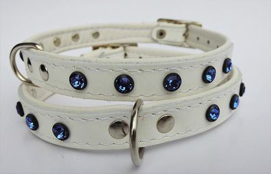 Hunde Halsband, Leder + Kristallen Swarovski in BLAU, Halsumfang 25-30cm, Weiß