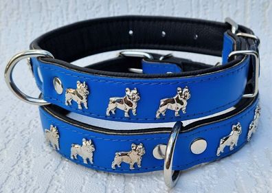 Bully Französische Bulldogge Frenchie Halsband - Hals 36-49cm/30mm, LEDER + Blau