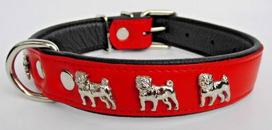 MOPS Hundehalsband - Halsband, Halsumfang 38-48cm/30mm, LEDER + ROT (843)