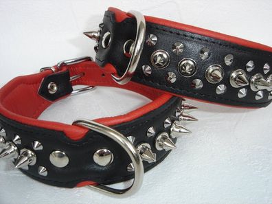 Hunde Halsband - Halsumfang 33-41cm/40mm, LEDER + Stacheln * Schwarz-Rot*