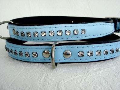 Hunde Halsband -Halsumfang 25-31cm Echt LEDER + Strass, BLAU