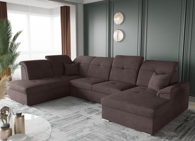 Wohnlandschaft Schlafsofa FREJA Stoff Schokoladenbraun Langer Schenkel Links