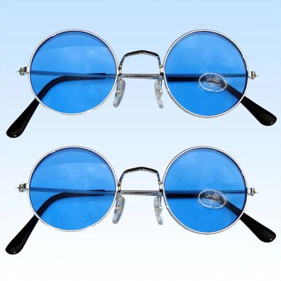 2 x 70er Jahre Hippie Brille BLAU Sonnenbrille Flower Power Lennon Vintage