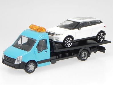 Autotransporter Abschleppwagen blau + Evoque Modellauto Bburago 1:43