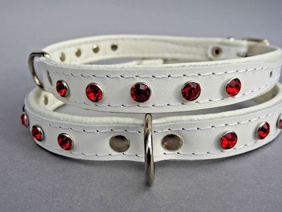 Hunde Halsband, Leder + Kristallen Swarovski in ROT, Halsumfang 29-36cm Weiß