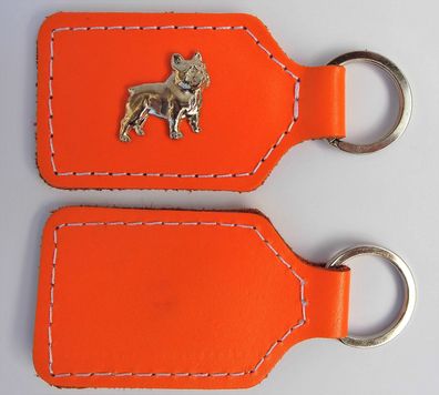 Französische Bulldogge - Schlüsselanhänger Metallaplikationen, LEDER - ORANGE