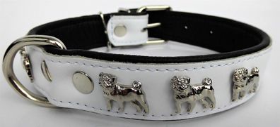 MOPS Hundehalsband - Halsband, Halsumfang 37-47cm/30mm, LEDER + Weiss (843)