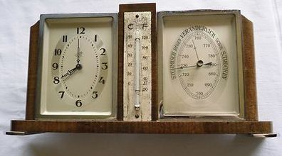 schöne alte Tischuhr mit Wecker, Barometer und Thermometer um 1920
