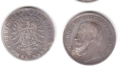 2 Mark Silbermünze Baden Großherzog Friedrich 1877 Jäger 26 (112072)