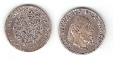 2 Mark Silbermünze Württemberg König Karl 1877 Jäger 172 (112024)