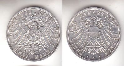 3 Mark Silbermünze Freie und Hansestadt Lübeck 1909 Jäger 82 (111555)