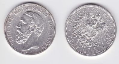 5 Mark Silbermünze Baden Großherzog Friedrich 1900 Jäger 29 ss+ (151439)