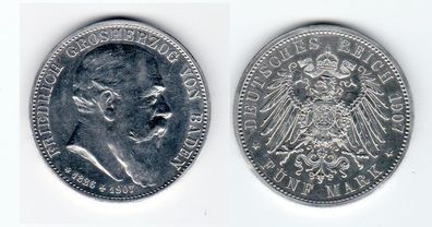 5 Mark Silbermünze Baden Großherzog Friedrich auf den Tod 1907 Jäger 37 (129871)