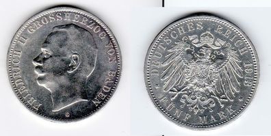 5 Mark Silbermünze Baden Großherzog Friedrich II 1913 Jäger 40 (129754)