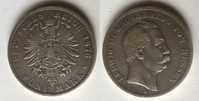 5 Mark Silbermünze Hessen Großherzog Ludwig III 1876 Jäger 67 (122903)
