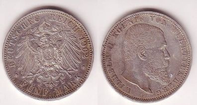 5 Mark Silbermünze Württemberg König Wilhelm II 1902 F