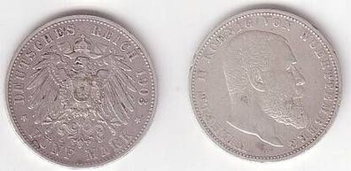 5 Mark Silbermünze Württemberg König Wilhelm II 1903 F