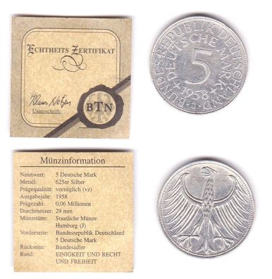 5 Mark Silbermünze Kursmünze BRD 1958 J Jäger 387 (111966)