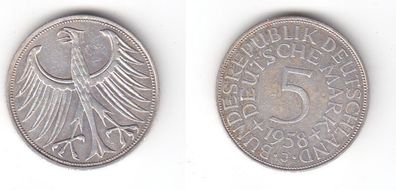 5 Mark Silbermünze Kursmünze BRD 1958 J Jäger 387 (119047)