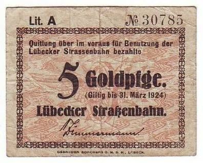 Banknote 5 Goldpfennige Lübecker Straßenbahn 1924