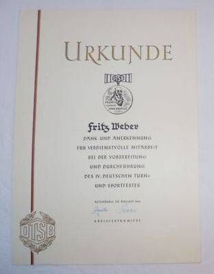 DDR Urkunde zur Friedrich Ludwig Jahn Medaille 1963