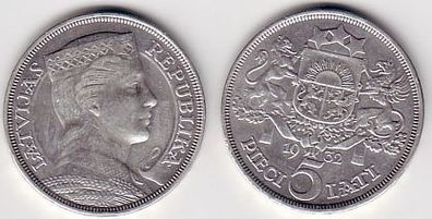5 Lati Silbermünze Lettland 1932