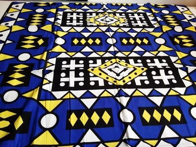 Meterware, ab 0,5 m: African Samakaka Angola wax fabric print blau-gelb