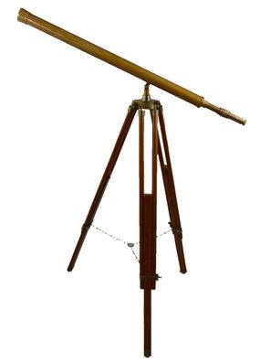 Teleskop Fernrohr auf Holz Stativ, Stand Teleskop aus brüniertem Messing.