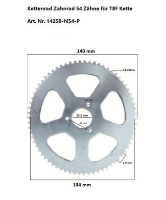 Kettenrad Zahnrad Ritzel 54 Zähne InnenØ 35,5mm T8F Kette Dirt Bike DirtBike